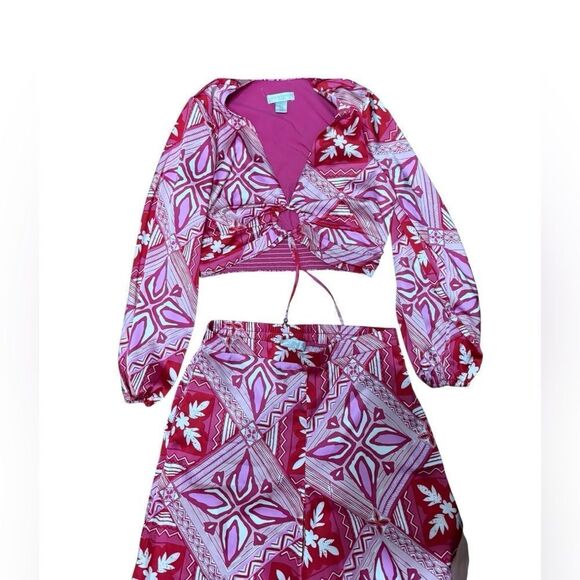 CAROLINE CONSTAS Pink/white Shiny Satin Blouse With Pull On Pant Set Size M - Picture 6 of 6